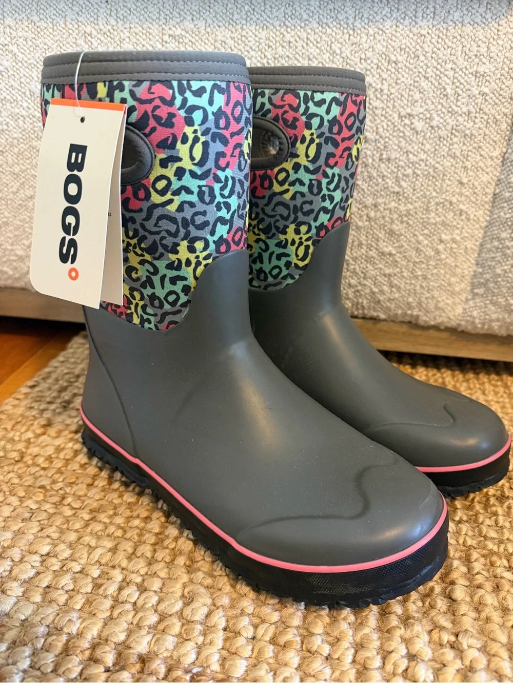 NWT Bogs Classic Boots - Gray with Multicolor Leopard Cuff